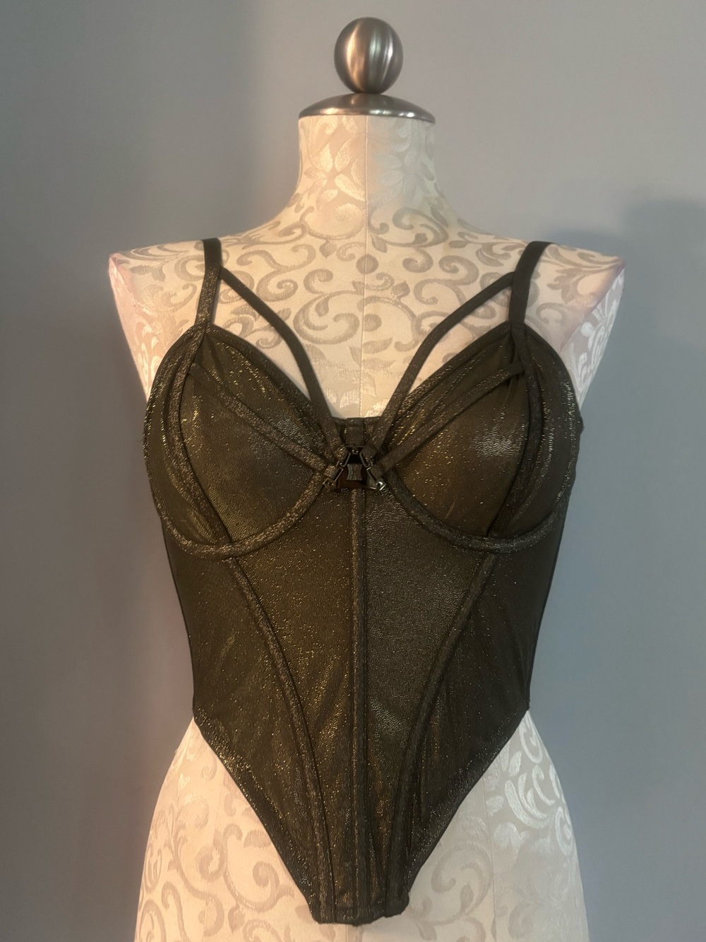 SAVAGE X FENTY GOING PLATINUM MESH BUSTIER DEEP FOREST GREEN SIZE LARGE